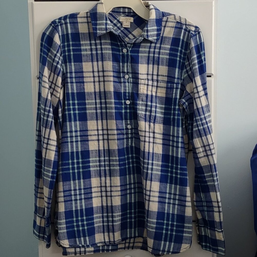 J. Crew blue plaid 100% cotton gauze tunic shirt